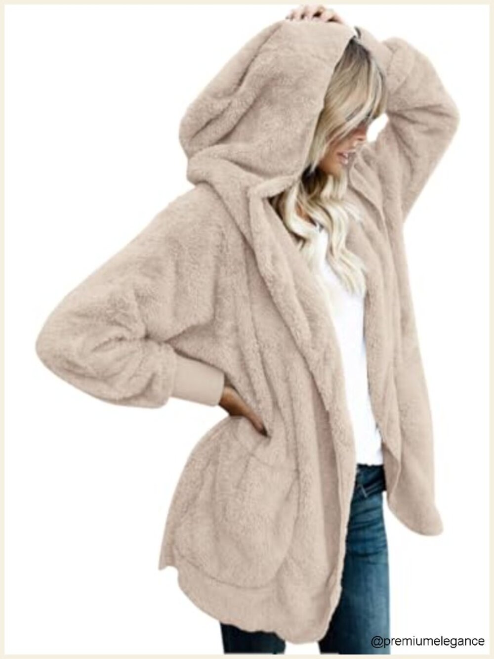 Women's Fuzzy Hooded Cardigan Sherpa Fleece Coat with Pockets Oversized